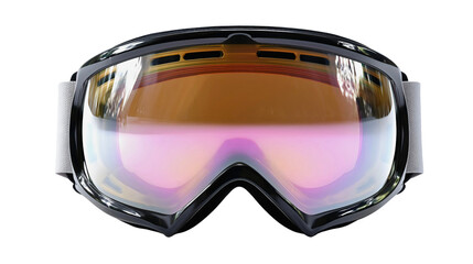 Ski goggles with orange lens isolated on white background, snowboard mask with grey strap, winter sports equipment, safety glasses cutout.