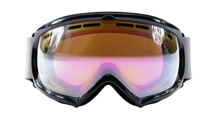 Ski goggles with orange lens isolated on white background, snowboard mask with grey strap, winter sports equipment, safety glasses cutout.