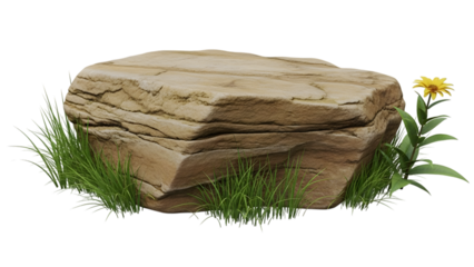 Large beige rock with green grass and yellow flower isolated on a transparent background stone