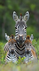 Obraz premium Three gentle zebras in the wild create a touching moment of unity, ideal for atmospheric background music in wildlife documentary projects.