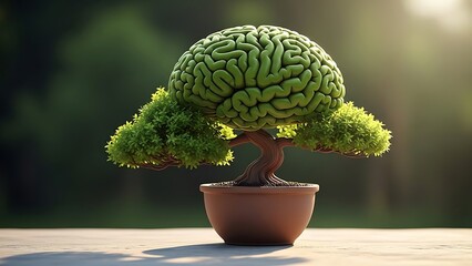 A potted plant with a brain shaped topiary resembling a human brain and green foliage