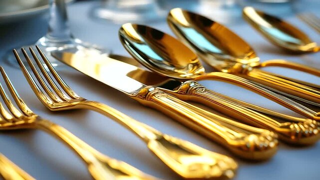 Row of gold-colored cutlery including forks, knives and spoons neatly arranged on light surface, elegant flatware display, luxury dining utensils, tableware photography, with copy