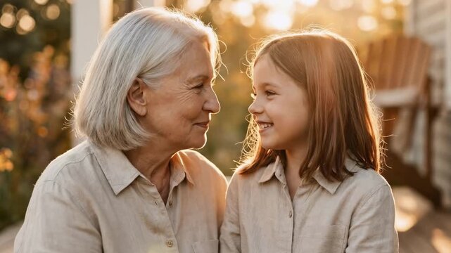 Loving grandmother and granddaughter hugging and touching foreheads outdoors at sunset. Senior woman kissing young girl on the cheek with golden backlight. Intergenerational family bonding concept