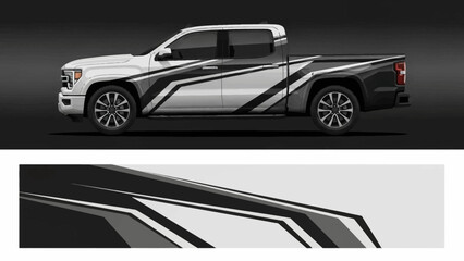 Side view of a modern pickup truck with bold graphics and racing stripe accents on a sleek exterior.