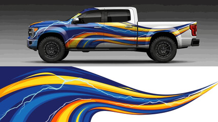 Blue pickup truck with dynamic orange and yellow wrap graphics and flowing swoosh design.