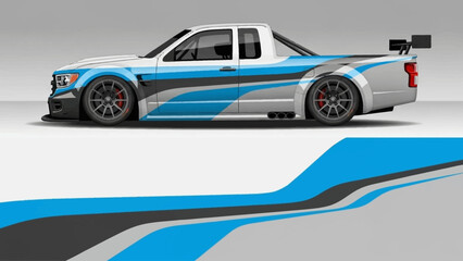 Sleek blue race car with bold graphics and dynamic spoiler on track.