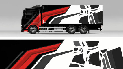 Modern black red and white graphic design on a large transport truck trailer.