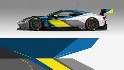 Sleek race car side profile featuring blue and yellow livery against a geometric studio backdrop.