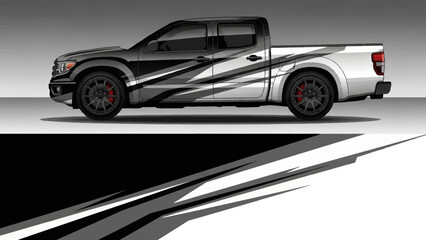 Sleek customized pickup truck with bold black and white racing stripes under studio lighting.