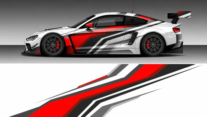 Sleek racing car with bold red black white graphics and dynamic stripe design for high speed impact.