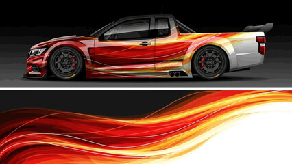 Dynamic red and orange race car with fiery design on dark background.