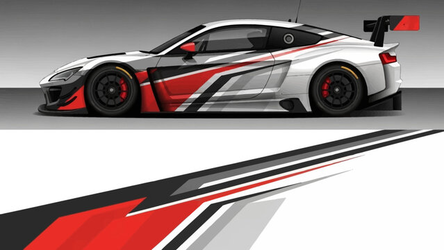 Sleek red white and black race car with bold graphic stripes on a streamlined sports coupe.