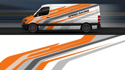 Motion blurred white and orange racing van with dynamic stripes on a highway scene.