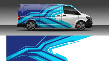 Sleek blue graphic-wrapped van featuring dynamic lines and futuristic design.
