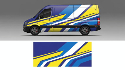 Colorful wrapped van with blue and yellow stripes for transportation branding.