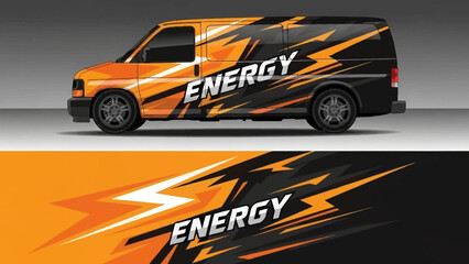 Energetic orange and black branded van with bold energy graphics and stripes.