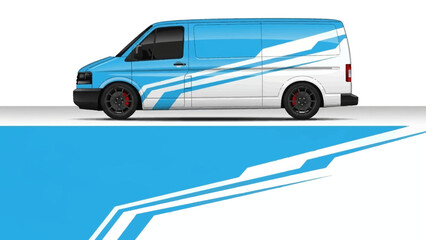 Blue and white delivery van with dynamic diagonal stripes on the side.