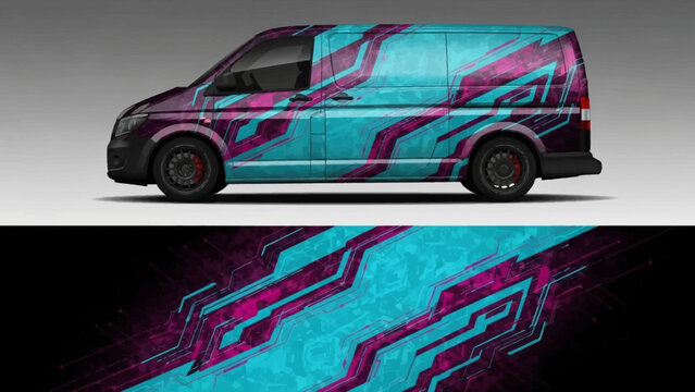 Vibrant teal and purple graphic van with abstract stripe design on urban street backdrop.