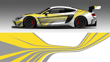 High-speed yellow and black sports car with dynamic graphic livery on track.