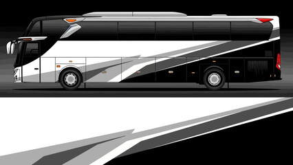 Sleek modern bus with bold black and white graphic livery on a highway, showcasing urban transit design.