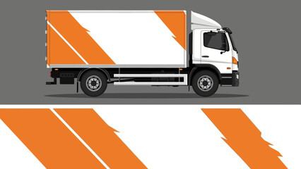Delivery truck with orange diagonal stripes on white body and bold road-side markings.