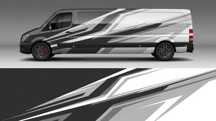 Sleek wrapped van with bold graphic stripes and monochrome color scheme.