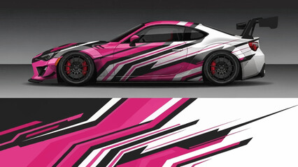 Sleek colorful race car with bold pink and black graphics on track.