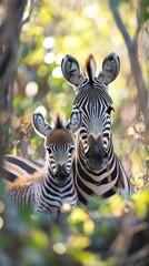 Obraz premium Two zebras, one adult and one young, surrounded by greenery and sunbeams, embody the harmony of wildlife, perfectly fitting as a backdrop for environmental campaigns or tourist brochures.