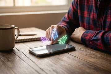 Startup business launch with neon rocket icons on smartphone screen, digital marketing growth and app innovation.