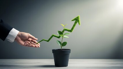 Business growth concept with hand nurturing a zigzagging green plant in a pot