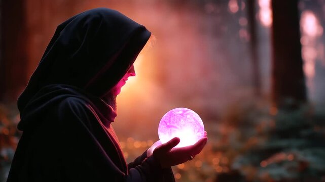 A faceless witch gazing into a glowing crystal scrying ball, her silhouette softly defocused, symbolic scene of love, creation, and future visions, atmospheric lighting, with copy