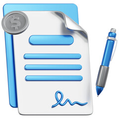 Realistic 3D Render of Financial Contract with Coin and Pen Illustration