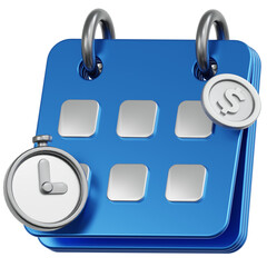 3D Rendered Blue Calendar with Coin and Timer for Payment Deadline Concept