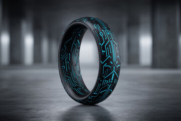 Circuit board ring with blue wiring on black background standing alone in modern industrial space with blurred background lights