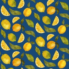Hand-painted watercolor lemon seamless pattern on deep blue background. Fresh citrus fruits, slices and leaves create a vibrant repeating design, perfect for fabric, wallpaper, packaging,kitchen decor