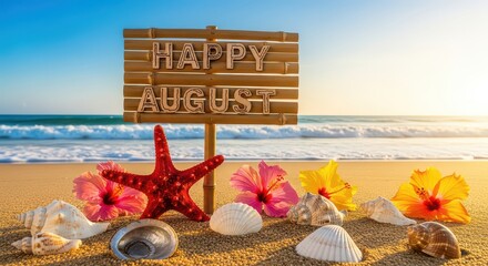 Happy august message on wooden sign with seashells and flowers on the beach