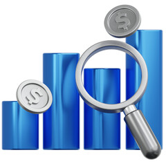 Shiny 3D Rendered Finance Growth Chart with Magnifying Glass and Coins Illustration