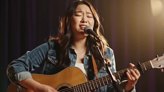 A focused young musician passionately sings into a microphone while skillfully playing an acoustic guitar, bathed in warm, golden stage lighting against a dark, dramatic background. Her intense expres