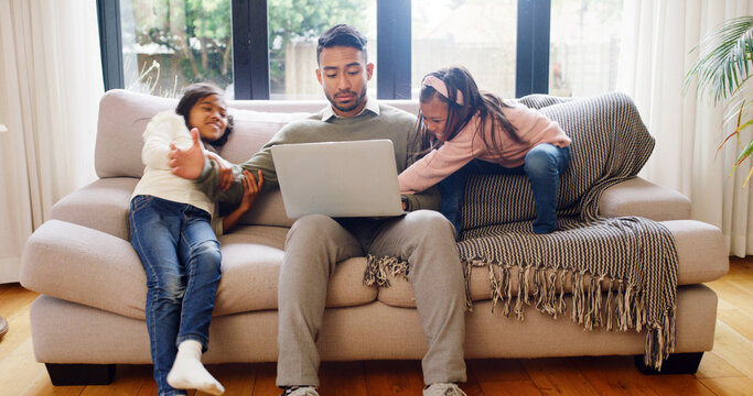 Fight, dad and children on sofa with laptop, argument and parenting struggle in sibling rivalry. Conflict, chaos and family in house with tech, father challenge and frustration for bad behavior.