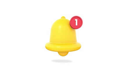 3D yellow notification bell with a red number one badge. Social media alert icon isolated on white - Powered by Adobe