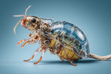 Close-up of a detailed, futuristic insect with transparent exoskeleton