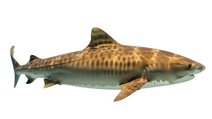 Isolated Tiger Shark swimming viewed from side underwater marine predator apex animal
