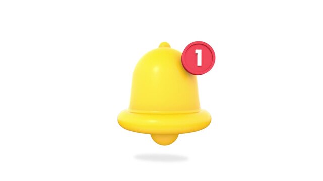 3D yellow notification bell with a red number one badge. Social media alert icon isolated on white