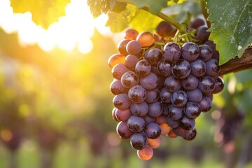 Ripe purple grape cluster hanging on vine with green leaves in vineyard at golden sunlight, fresh juicy fruit ready for harvest in natural outdoor setting