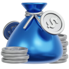 Modern 3D Rendered Blue Money Bag with Silver Coins Illustration