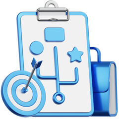 Realistic 3D Rendering Strategy Planning on Clipboard with Arrow Target and Briefcase