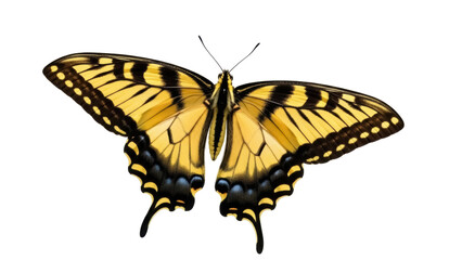 Isolated Eastern tiger swallowtail butterfly, Papilio glaucus, spread open wings, top view