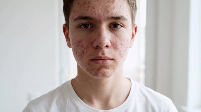 Close-up portrait of a teenage boy with acne on his face looking at the camera. Young male with skin blemishes and redness. Dermatology and puberty concept