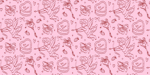 Hand-drawn coquette wedding pattern. Vintage ribbons and bows in crayon sketch style. Seamless, romantic background for Valentine's Day and invitations.