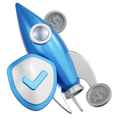 Glossy 3D Rendered Rocket Launch with Shield and Coins Illustration
